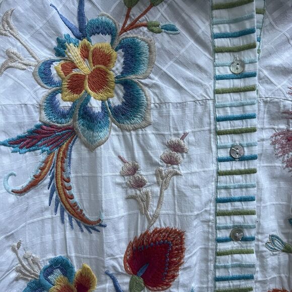 Johnny Was NWT Joele Embroidered Button Up Shirt Textured White Sz S Long Slv - Picture 3 of 8